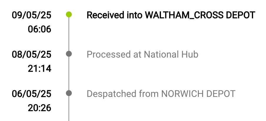 06 May 20:26 Despatched from NORWICH DEPOT
08 May 21:14 Processed at National Hub (possibly Willenhall near Birmingham)
09 May 06:06 Received into WALTHAM_CROSS (north london) DEPOT