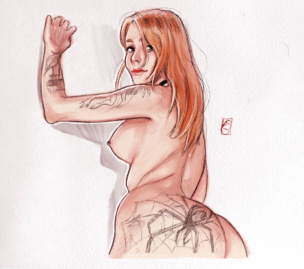 A painted study of Ruby with her back turned. She is nude, posed with her arm up.