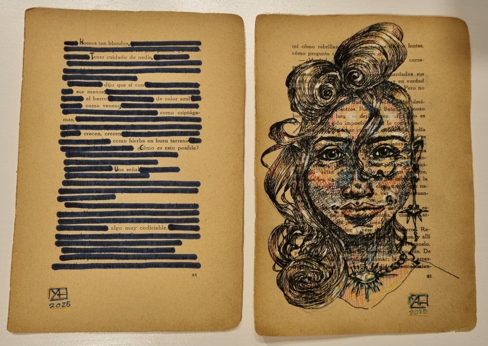 Dos páginas amarillentas de un viejo ejemplar de "Adiós a las armas"; a la izquierda, un poema extractado del texto original y a la derecha una ilustración en primer plano de chica joven, a rotuladores de colores.