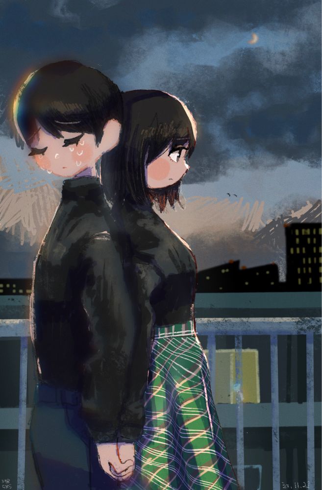男の子の姿と女の子の姿が背中合わせで描かれている絵
団地のベランダみたいなところにいる
朝方の空のようで空にはまだ月が残っている