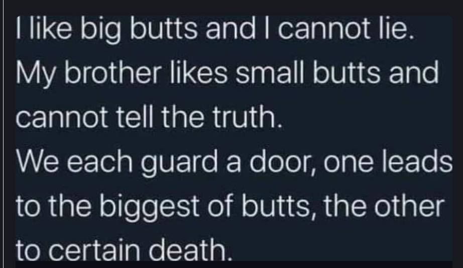 I like big butts and I cannot lie. My brother likes small butts and cannot tell the truth. We each guard a door, one leads to the biggest of butts, the other to certain death.