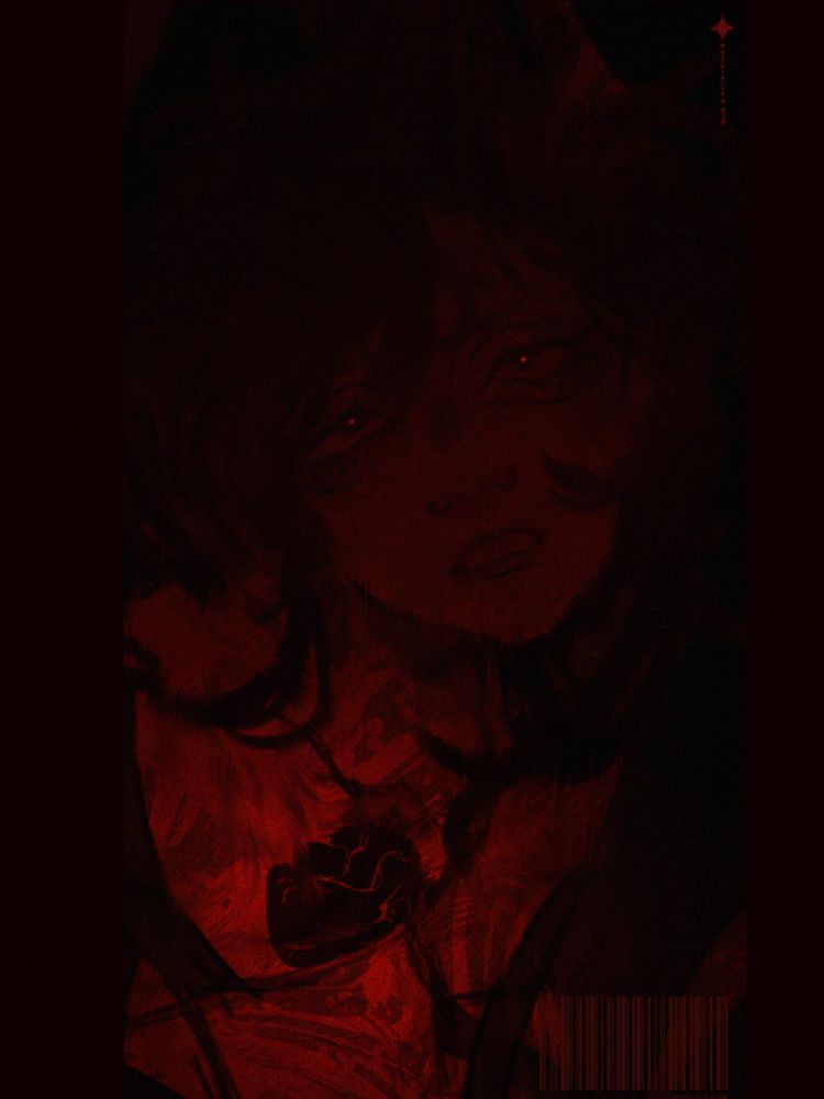 the painting of someone looking into the distance above. he is bound by black ribbons that fade into the background. his expression is unreadable besides the tears running down his cheeks. the only discernible light source comes from the heart-shaped cavity in his chest; filling the canvas with a deep red. smudged swirling textures fill the space.