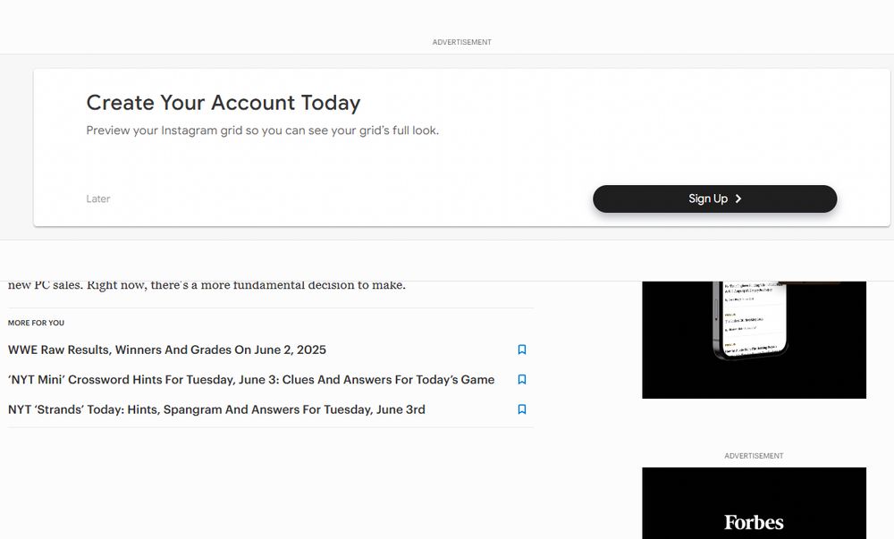 A Forbes "news article" with half a line of text of the actual article, and 90% of the screen taken up by adverts.