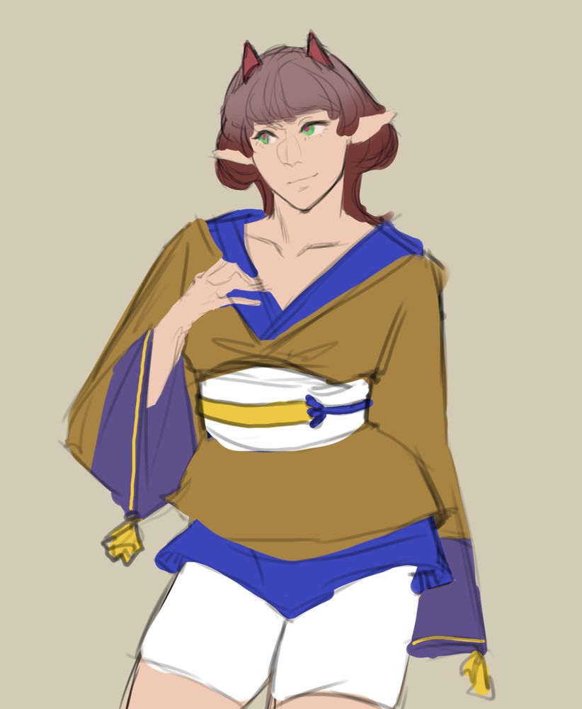A work-in-progress sketch of a visual novel-style sprite, this time of a young woman. She's slightly chubby, with short, stubby red horns on top of her head. Her eyes are green and her ears are pointed, and she has a neutral expression. Her shirt is a dark, mustard yellow with blue trim and hangs loose over her arms.