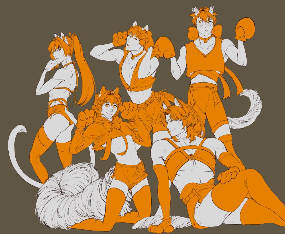An illustration of five young men in various skimpy catboy Halloween costumes. The colors are limited to black, white, and orange, and each character is wearing large over-sized paws, fake cat ears, and a tail, while their midriffs are exposed. In order, the three young men standing in the back have a serious, a silly, and an embarrassed expression. The two kneeling in the foreground look happy and smug respectively.