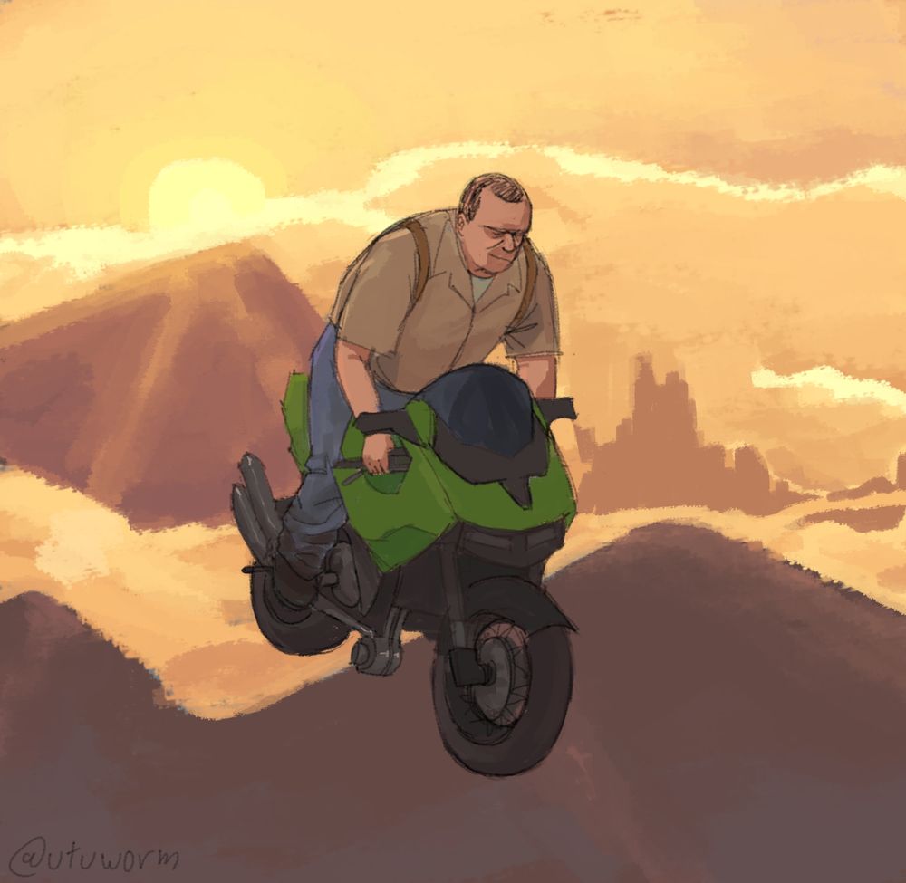 Majestic man (Pierre Fiber) jumping through the air on a motorcycle, in the background there is mountains and the sun rising.