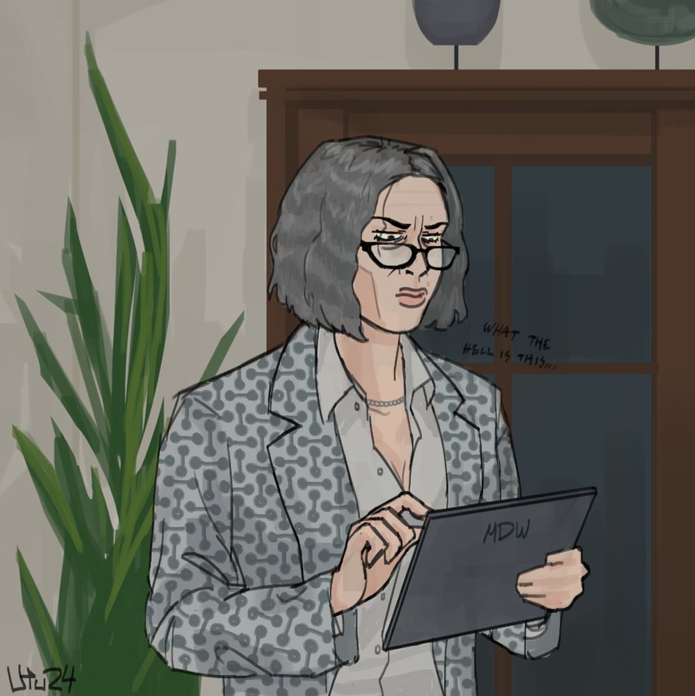 Digital painting of a disgruntled elderly woman. She is using a tablet. Next to her is small text saying: "What the hell is this..." implying shes either thinking or mumbling that. She has fancy professional clothes. 