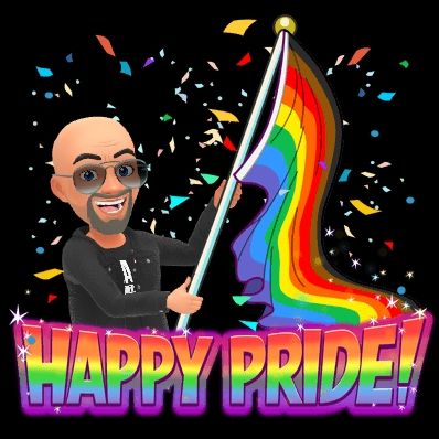 My avatar holding a rainbow flag under which are the words "Happy Pride"