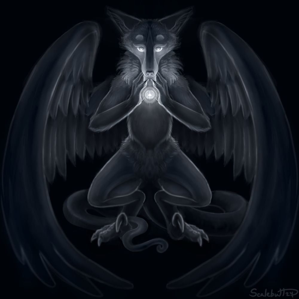 An winged canid creature with a serpentine tail and raptor claws, looks down upon a small glowing light it holds between its hands. The small light is the only source of illumination. 

Signature reads Scalebutt