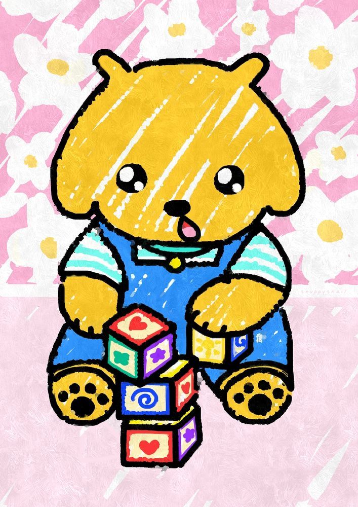 snuppy puppy snail as a little baby in overalls playing with its blocks, its impressed by the tower its making!