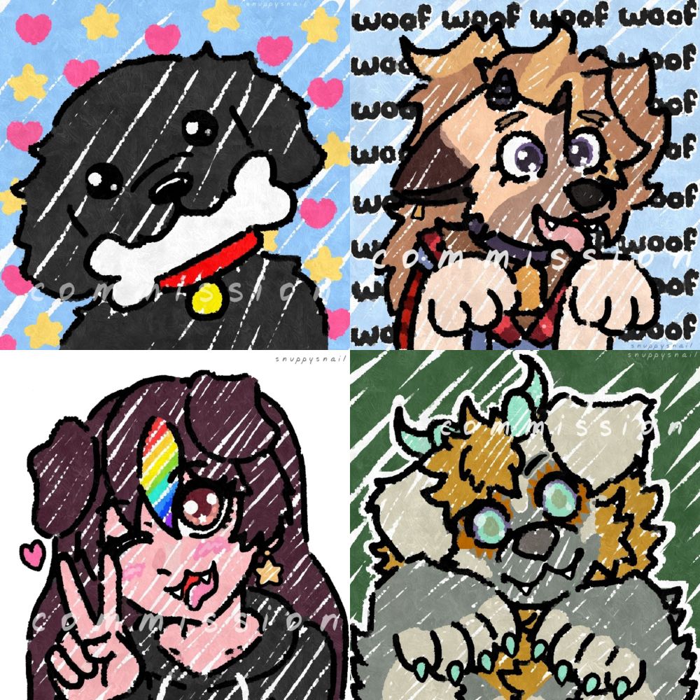 4 profile pics commissions I've drawn in the past.
top left is a cute black dog holding a bone.
top right is a sheep dog doing a begging pose
bottom left is an anime girl with dog ears doing a peace sign.
bottom right is a dragon dog holding up its big paws.