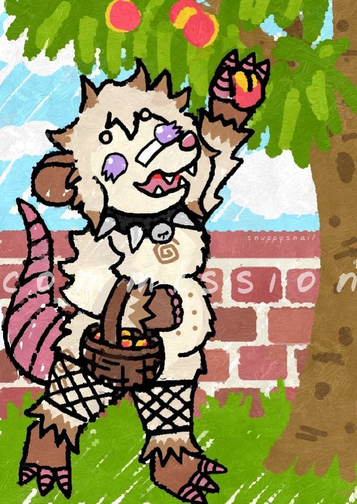 an anthro possum in fishnets and a spiked collar happily harvesting peaches from a peach tree