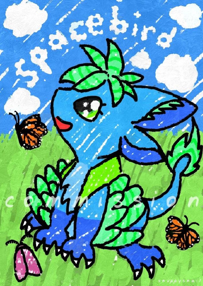 a cute little blue dragon creature with green wings and feathers. It looks happily to the sky which has clouds spelling out the word "spacebird"
among the small dragon are monarch butterflies and a pink moth.