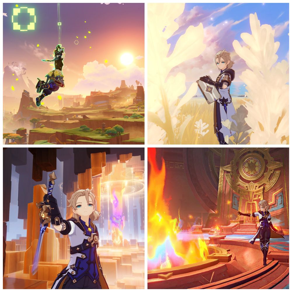Collage of 4 Photos I took in the game Genshin Impact. 1 pic of Kinich flying over Natlan and 3 pictures of my favorite character Albedo in beautiful settings.