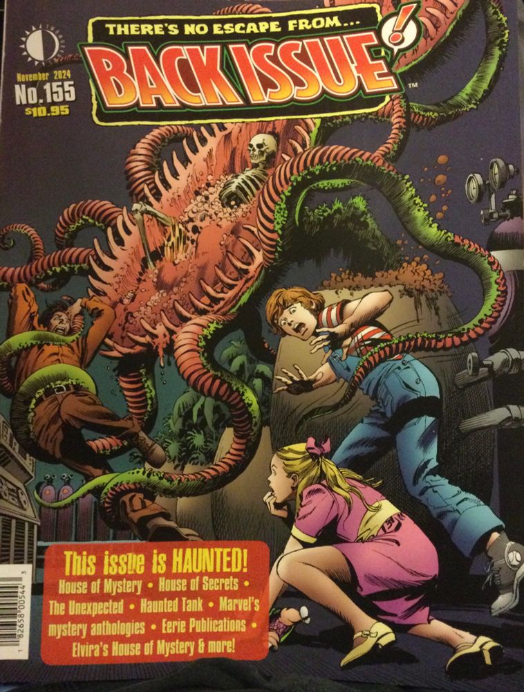The cover of comics commentary magazine BACK ISSUE #155 featuring two children being threatened by a tentacles plant creature. 