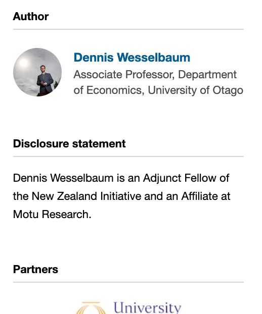 Disclosure statement now is: “Dennis Wesselbaum is an Adjunct Fellow of the New Zealand Initiative and an Affiliate at Motu Research.”