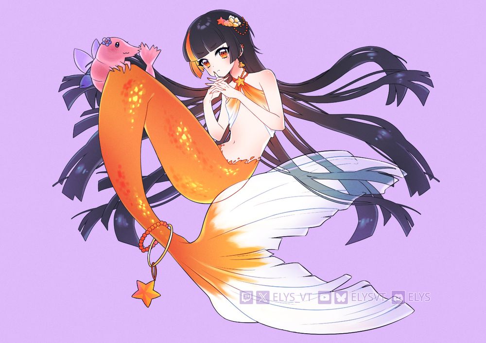A digital illustration of a mermaid with long black hair and an orange tail with white at the end. A little shrimp perches on top of the tail.