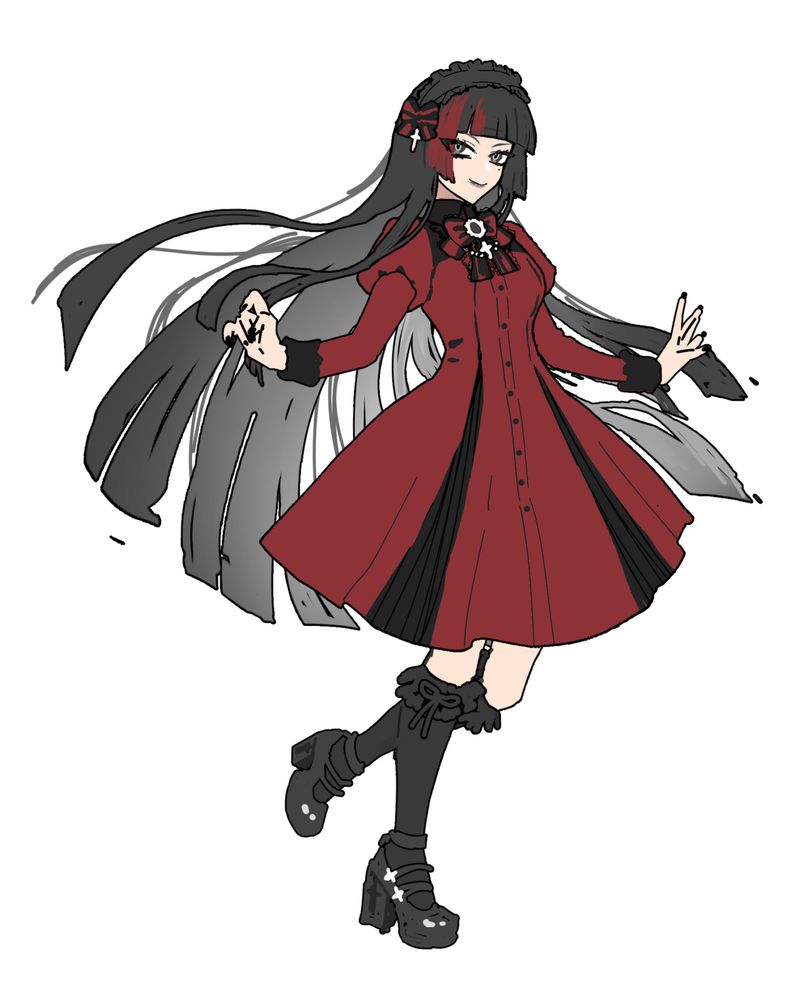 Digital artwork sketch by OP of a woman with long black hair in a red and black midi dress wearing knee-high black socks and black high heels.