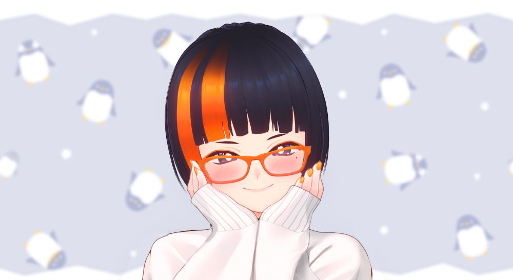 an image of a 3D anime character with short black hair and orange highlights, wearing orange glasses and a white sweater