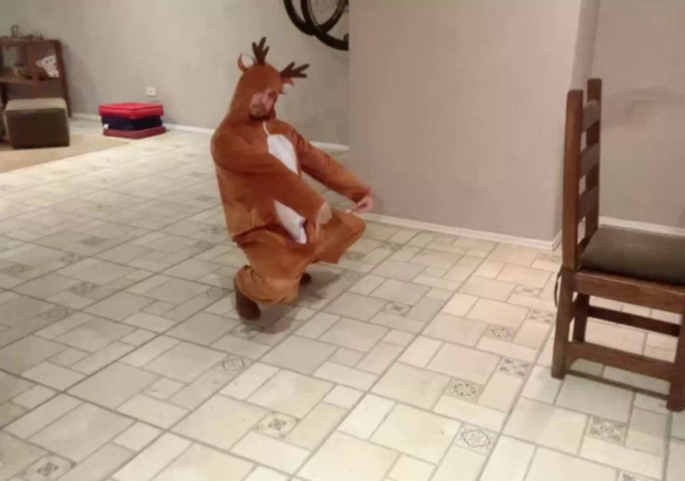 a man in a reindeer costume is kneeling down