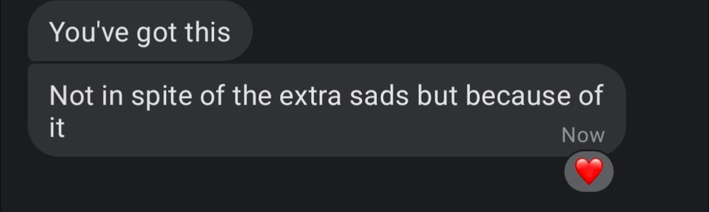 Two texts sent to me. The first says "You've got this" and the second says "Not in spite of the extra sass but because of it"