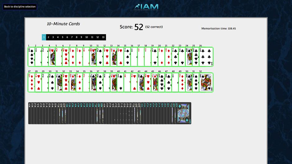 a screen capture of a successful memorisation of a deck of cards in 1 minute 48.45 seconds