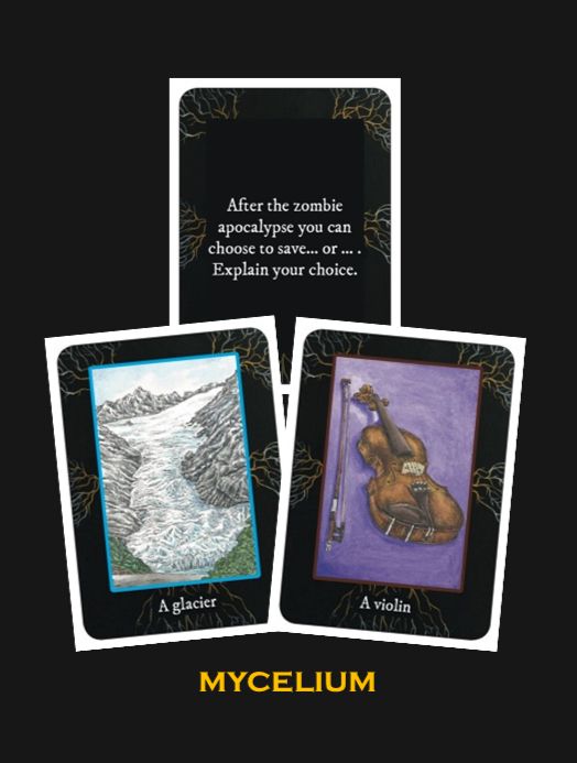 Cards from a Mycelium playing deck, asking the question "After the zombie apocalypse you can choose to save a glacier or a violin. Explain your choice"