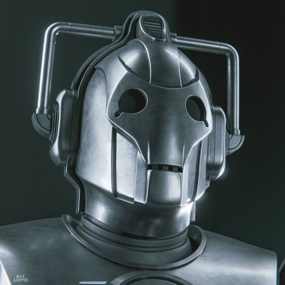 A CGI render of a 2006-era Cyberman, the perspective is a slightly low angle. Neutral dark background.
