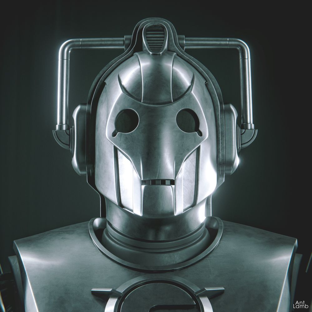 A CGI render of a 2006-era Cyberman, the perspective is face-on. Neutral dark background.