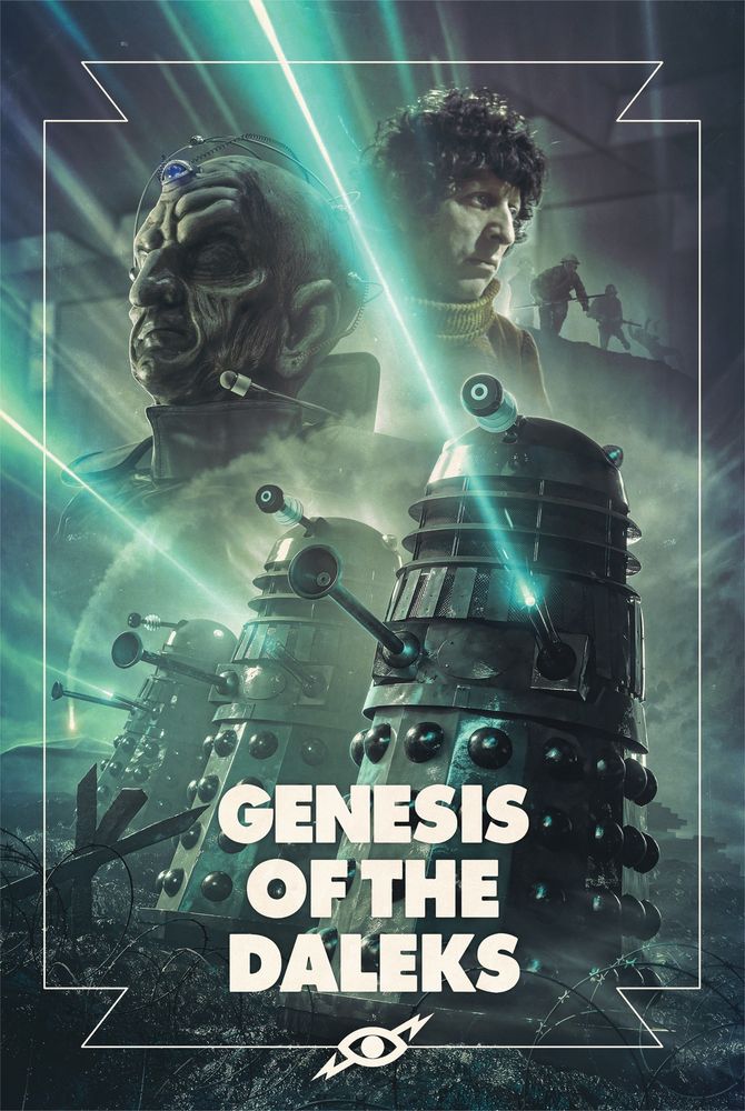 Poster design for Genesis of the Daleks. Generally teal in colour, at the top left is a close up of Davros, to his right is Tom Baker as The Doctor, in the background to the right are four soldiers traversing landscape. At the bottom of the image, three grey Daleks dominate the scene. They're all firing their death rays. In the background behind them a missile is seen about to strike a domed city. Title text 'GENESIS OF THE DALEKS' is in the bottom middle.