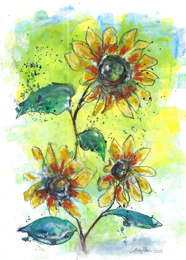 Sunflowers drawn with charcoal, ink, and watercolor crayon on an acrylic background. 9x12"