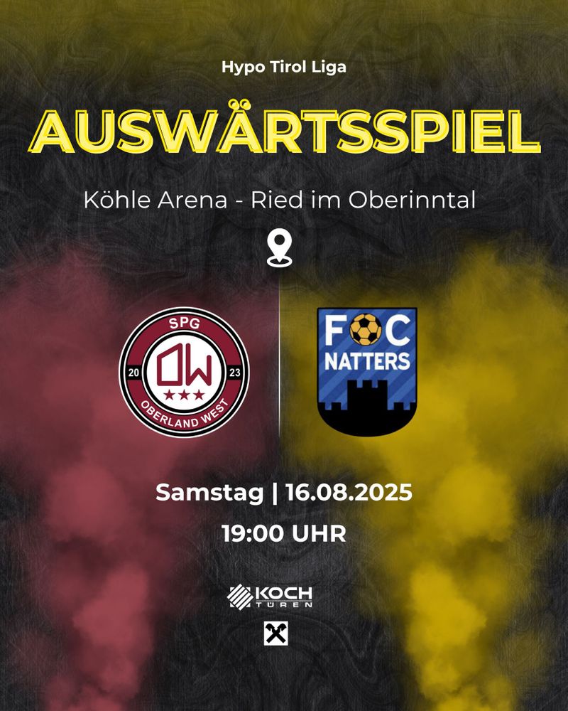 Spielankünder
Text: Auswärtsspiel SPG Oberland West vs FC Koch Türen Natters
Köhle Arena - Ried i Oberinntal
Samstag 16.8.
19:00 Uhr