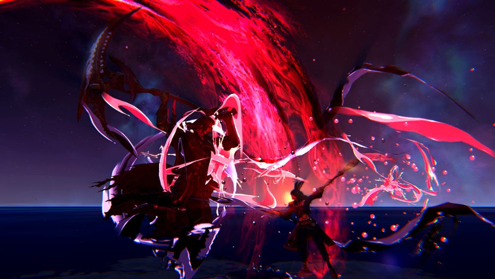 In the solo duty at the end of Endwalker, Zenos leaps down at Shun, who in turn blasts him with paint. The entire scene is painted in red and black, with the sun at the horizon in the background. Now fully zoomed out to see all the details, though my whoopsie meant I didn't get to redo this once I figured out an angle I liked better.