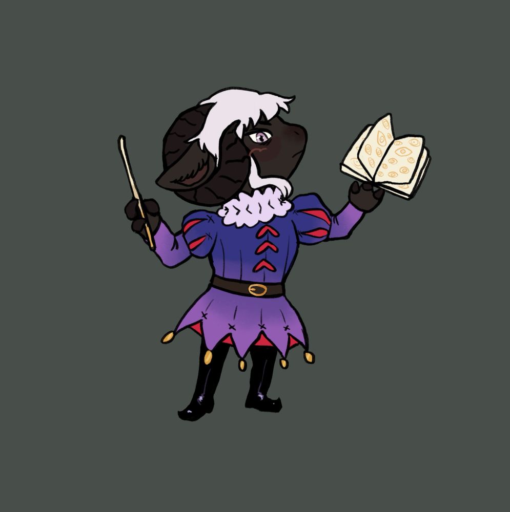 a drawing of thistle the dungeon lord as an anthropomorphic sheep in purple jester's clothes. he has a black face ears and horns, with white hair and piercing yet tired purple-grey eyes. he is holding a book full of golden eyes, and a wizard's wand. his outfit is fancy and ostentatious. 