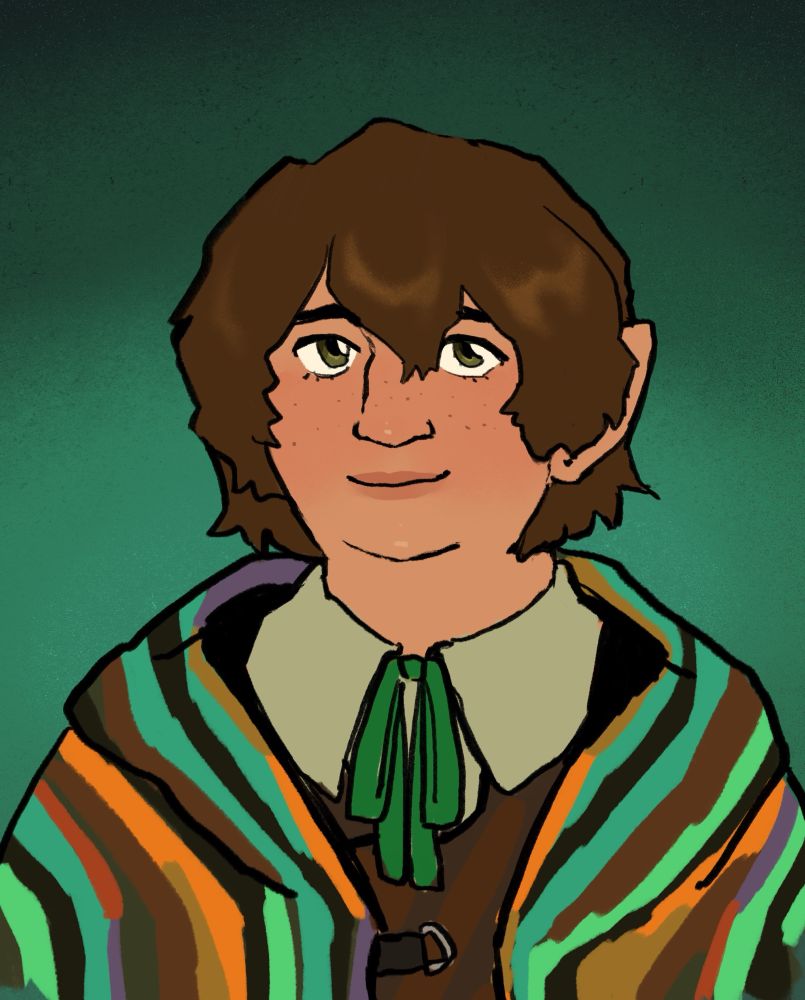 a ruddy skinned white halfling man with a strong nose but otherwise delicate features wearing a colourful hooded shawl and smiling unsurely at the viewer. he has hazel eyes, brown jaw length hair, and a round face with a soft jaw. he is wearing a linen shirt with a simple green pussy bow and a leather gambeson under his crocheted shawl.  