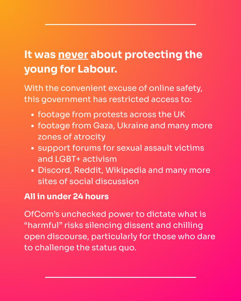 It was never about protecting the young for Labour.

With the convenient excuse of online safety, this government has restricted access to:

footage from protests across the UK

footage from Gaza, Ukraine and many more zones of atrocity

support forums for sexual assault victims and LGBT+ activism

Discord, Reddit, Wikipedia and many more sites of social discussion

All in under 24 hours

OfCom's unchecked power to dictate what is "harmful" risks silencing dissent and chilling open discourse, particularly for those who dare to challenge the status quo.