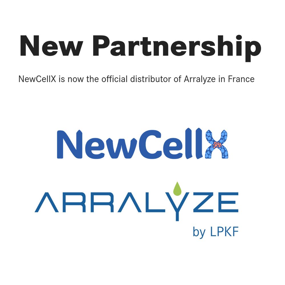 A simple graphic with two company logos. One is the logo of NewCellX, underneath it the logo of Arralyze. Above both logos there is a text stating “New Partnership. NewCellX is now the official distributor of Arralyze in France”