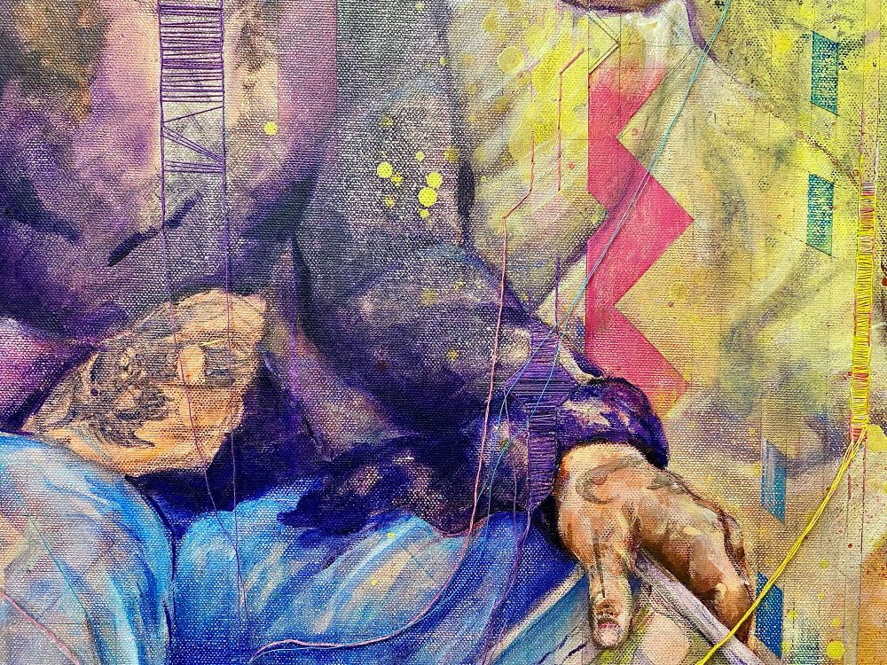 Closeup of a colourful and expressive painted portrait of a seated woman. The photo focuses on the hands. The left hand is finely rendered. The right hand is loosely roughed in. Geometric patterns are hinted at in both the foreground and background. Parts of the pattern have been embroidered badly with loose threads left hanging. 