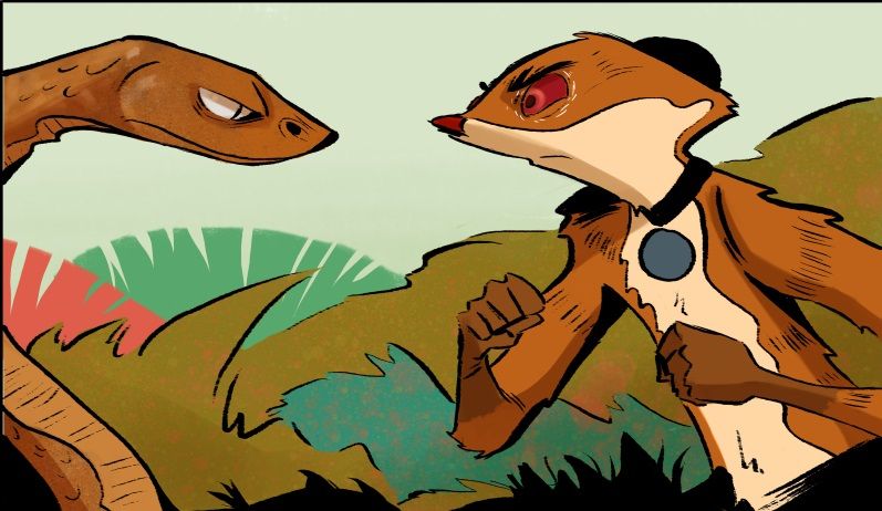 A mongoose and a snake are engaged in a tense stare down.