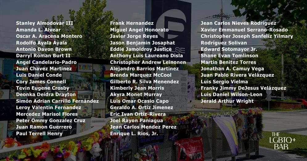 A photo of the memorial outside the Pulse nightclub site in Orlando, Florida. It is covered in flowers, photos, various LGBTQ+ pride flags, and other mementos. Overlaid text shows the names of the forty-nine people killed in the nightclub shooting on June 12, 2016.