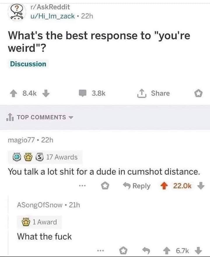 What's the best response to "you're
weird"?

You talk a lot shit for a dude in cumshot distance.

What the fuck