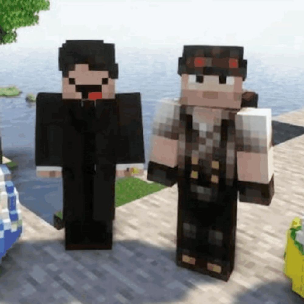 two minecraft characters are standing next to each other on a sidewalk