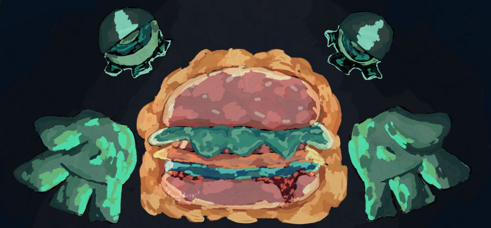 A picture of a devotion burger with Capochin's eyes and hands beside and behind it respectively.