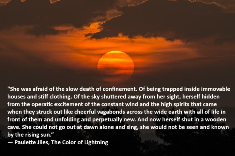 A photo of the sunrise, with the quote 
“She was afraid of the slow death of confinement. Of being trapped inside immovable houses and stiff clothing. Of the sky shuttered away from her sight, herself hidden from the operatic excitement of the constant wind and the high spirits that came when they struck out like cheerful vagabonds across the wide earth with all of life in front of them and unfolding and perpetually new. And now herself shut in a wooden cave. She could not go out at dawn alone and sing, she would not be seen and known by the rising sun.” by the author Paulette Jiles.
The photographer is Matthias Bachmann and published under Creative Commons: "Sunrise by FotoArt M.B."
