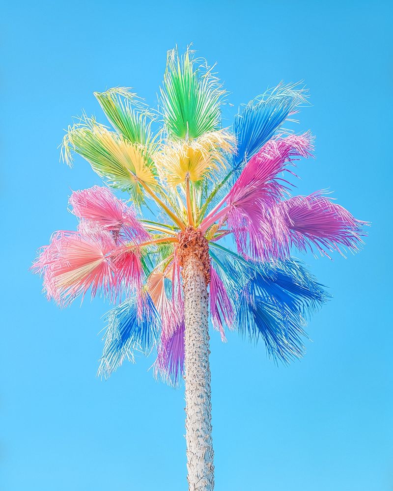 A vibrant and surreal image of a palm tree with multicolored fronds against a bright blue sky. The fronds are painted in shades of pink, yellow, green, and blue, creating a playful and artistic tropical aesthetic. The trunk is textured and natural, contrasting with the vivid colors above.