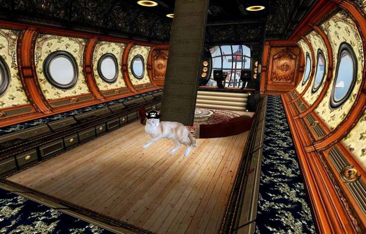 Orange tabby in the airship gondola in a pirate hat.