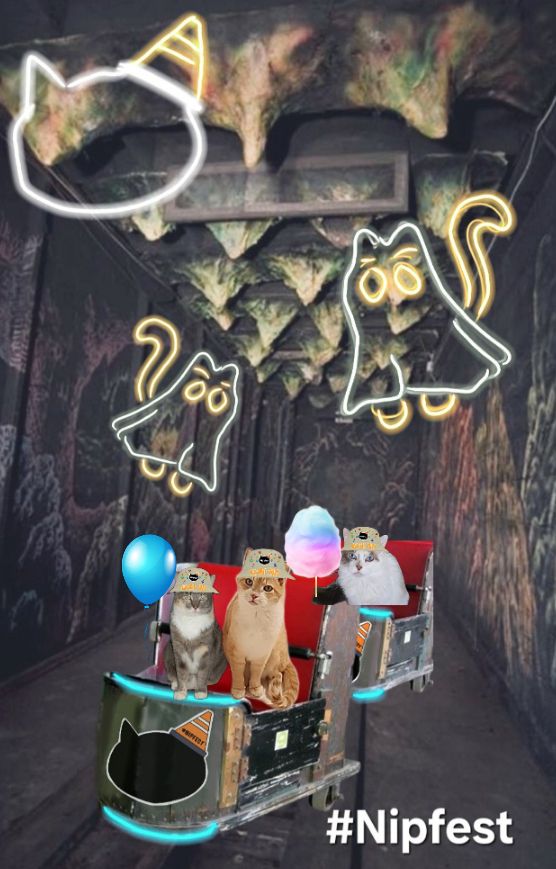 3 cats on a ride through a spooky house, one with cotton candy and one with a balloon.