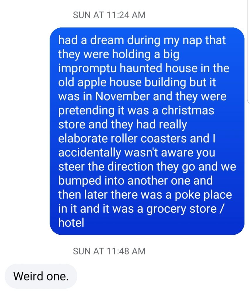 Facebook messages on Sunday morning where I say "had a dream during my nap that they were holding a big impromptu haunted house in the old apple house building but it was in November and they were pretending it was a christmas store and they had really elaborate roller coasters and I accidentally wasn't aware you steer the direction they go and we bumped into another one and then later there was a poke place in it and it was a grocery store / hotel" and then he answers me about 20 minutes later saying, "Weird one."