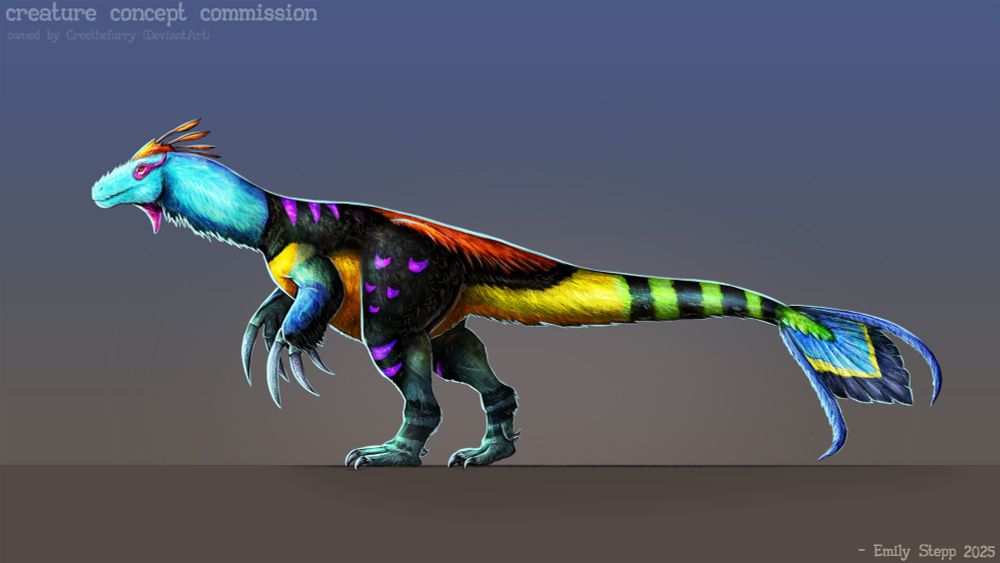 A very colorful full feathered and speculatively evolved alien Therizinosaurus inspired creature concept facing left. 