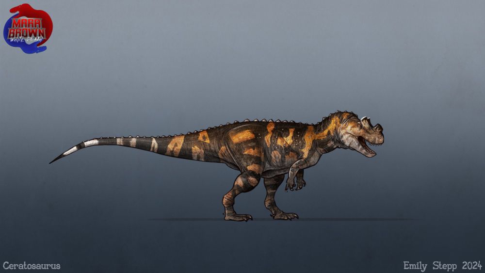 Ceratosaurus digital sketch facing right with mouth open and arms down in standing pose. Colors and pattern based on a Japanese cave gecko. 